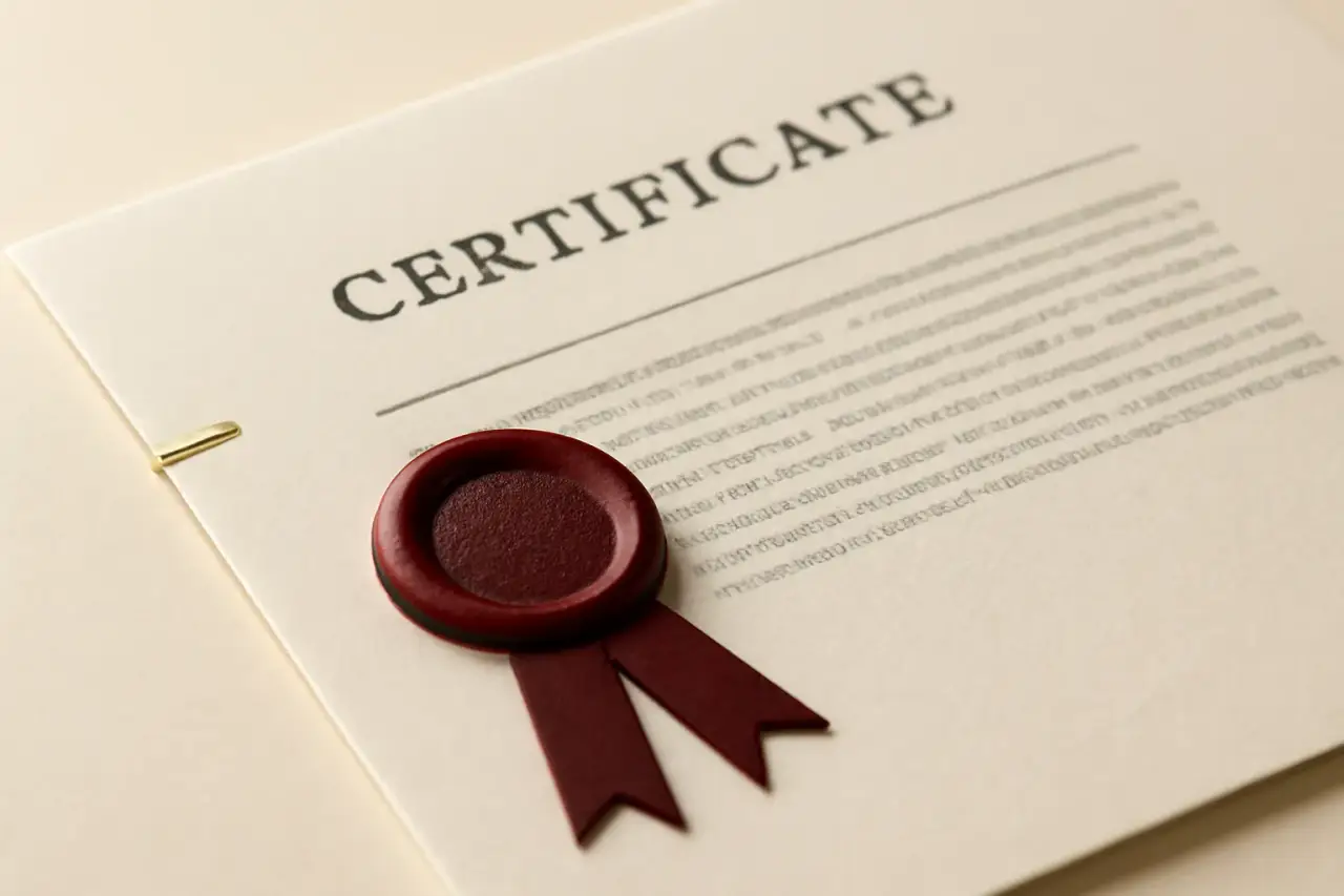 An apostille, coordinated and attached to a translated document set.