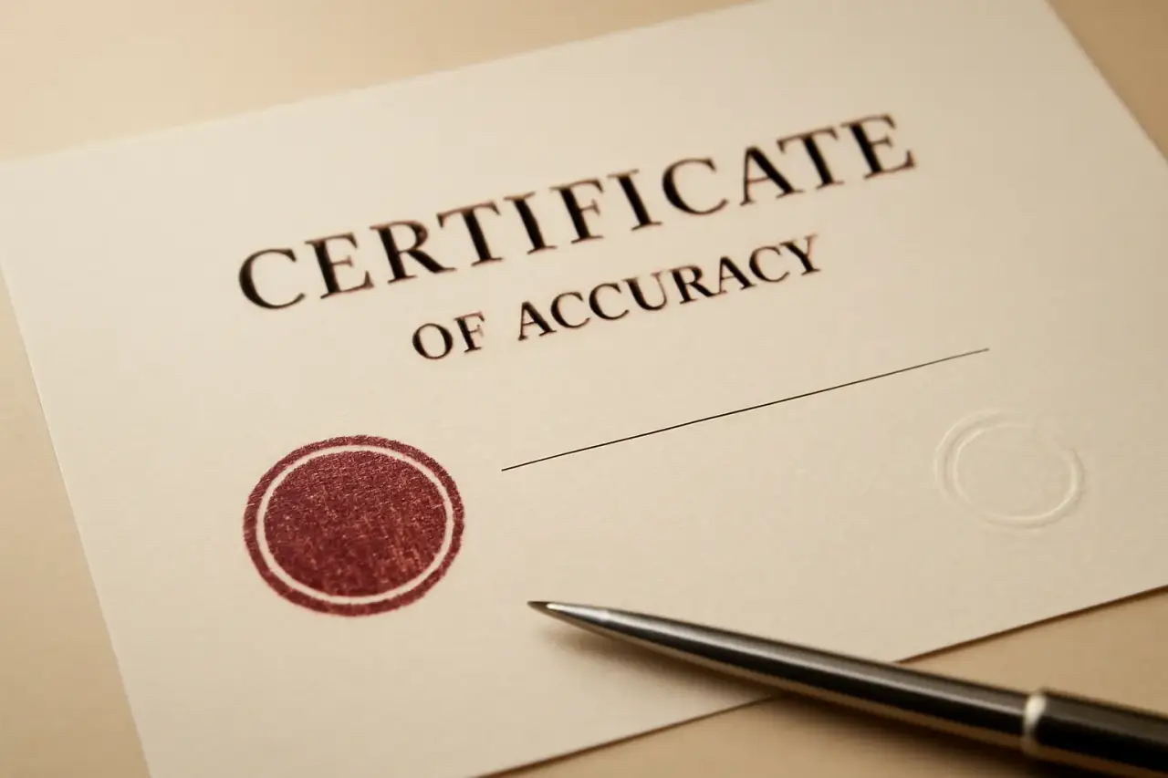 Certificate of Accuracy — signed, dated, and included with every certified order.