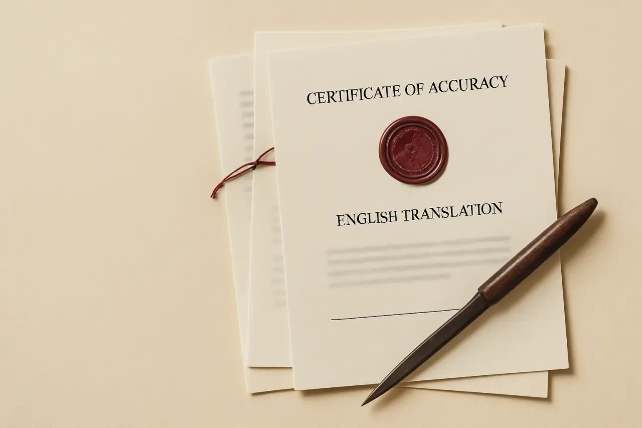Overhead view of a finished certified translation packet — source document, translated page, and signed Certificate of Accuracy with an embossed seal, on warm paper