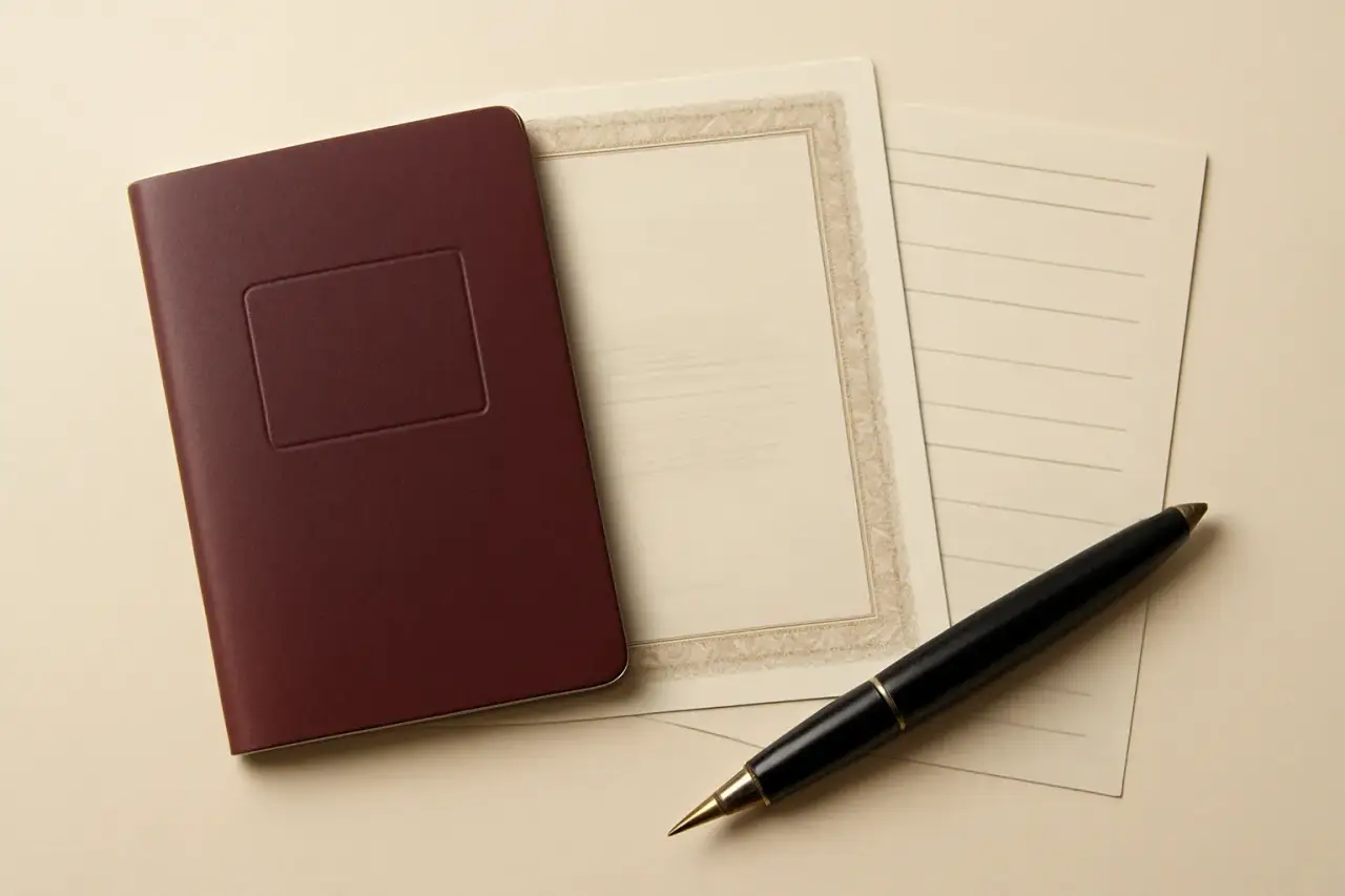 Passport, birth certificate, and application forms arranged flat