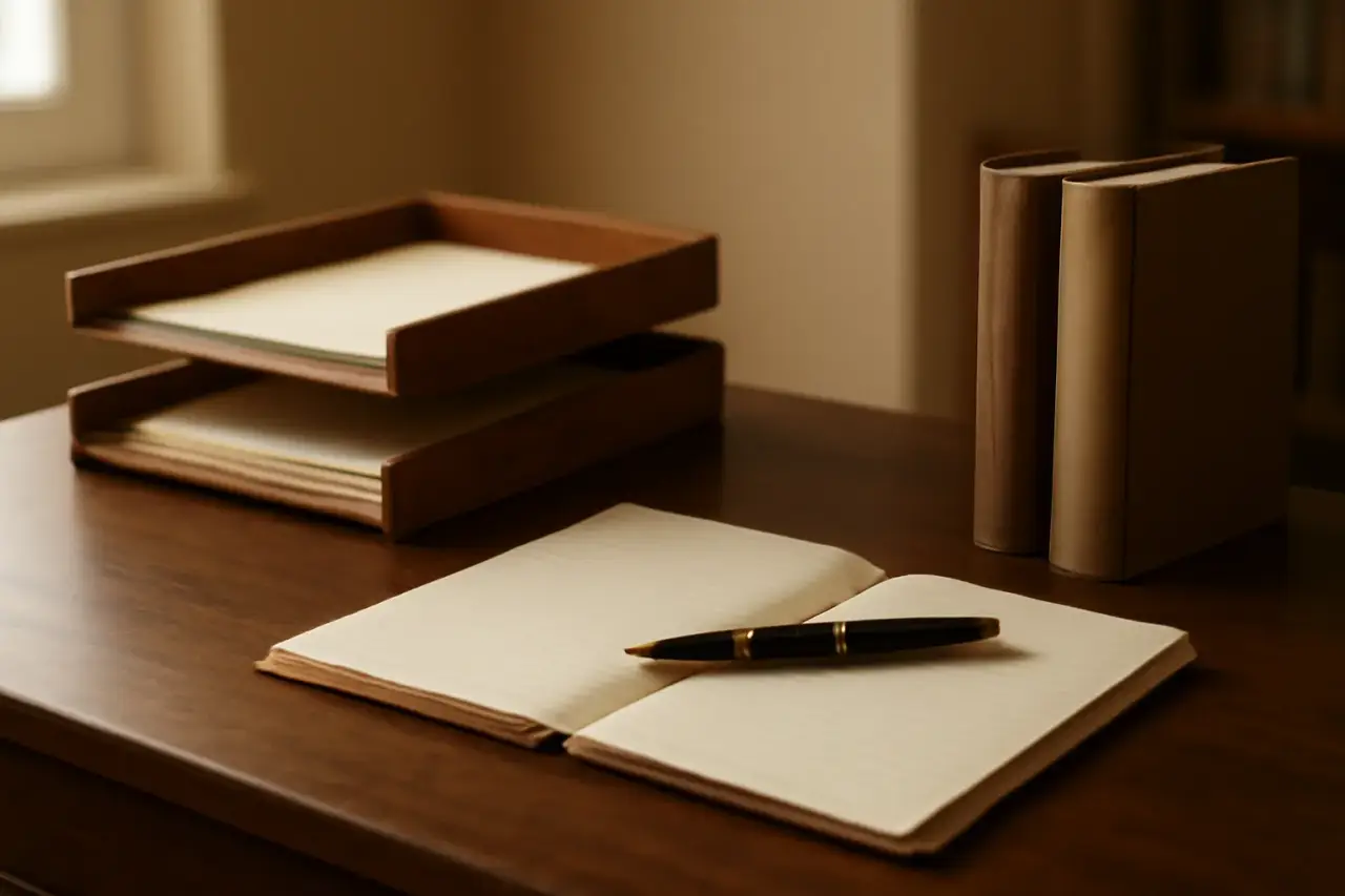 A warm desk with document trays and reference materials at the Lebanon, Ohio office